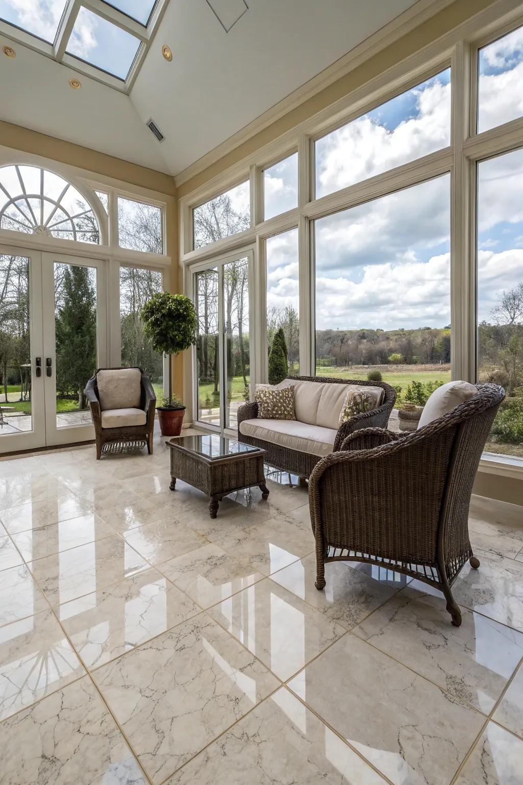 Fancy sunroom that features shiny tile flooring.