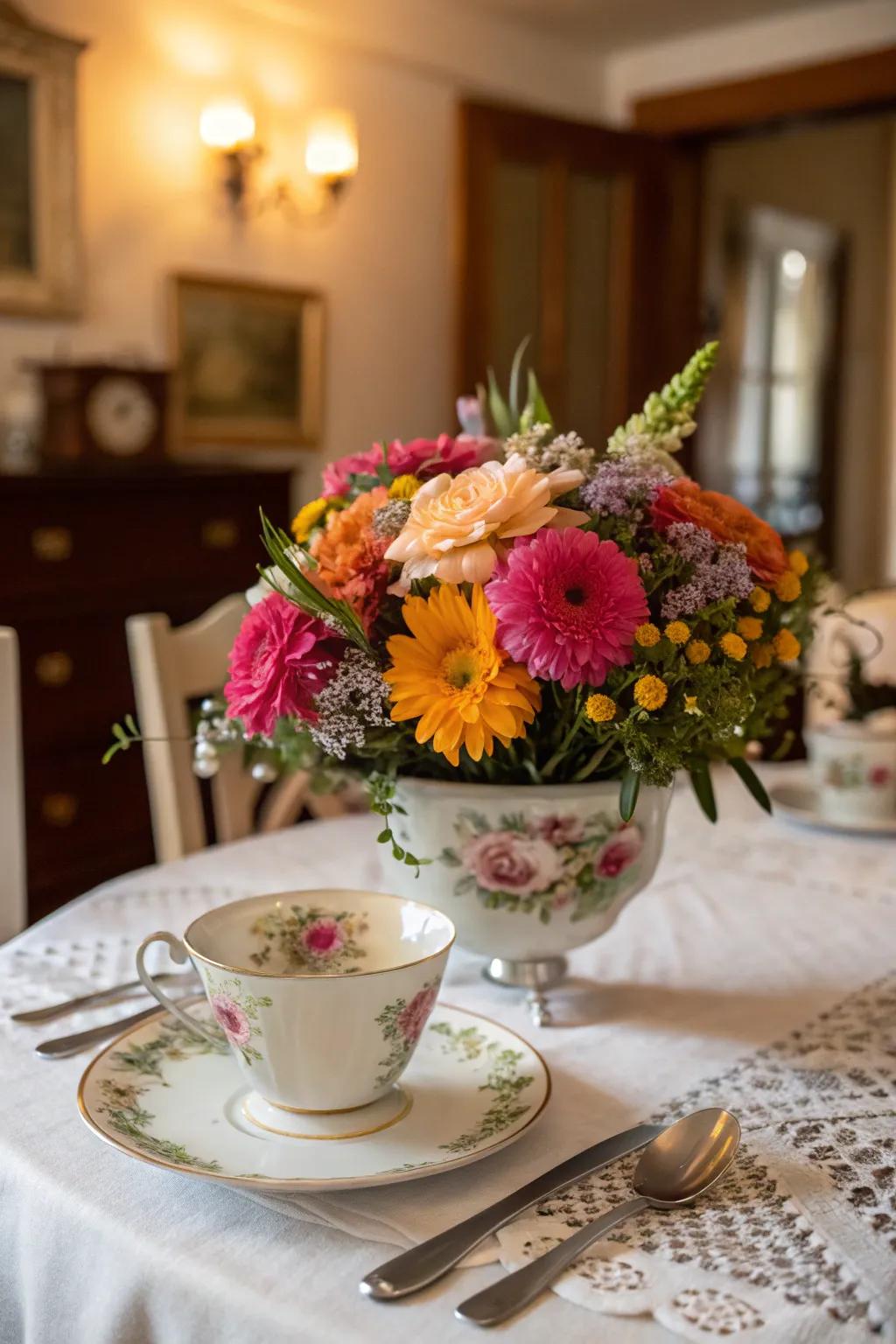 Eccentric floral layout in vintage drinkware, best for adding charm to any event.