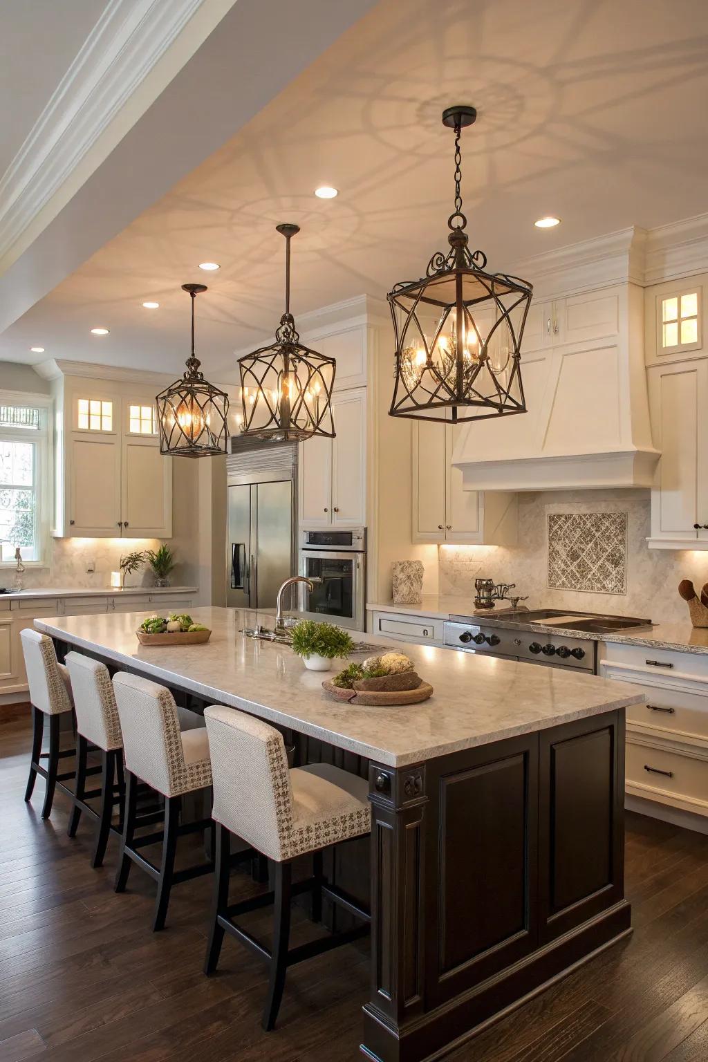 Statement illumination that serves as a centerpiece in a stylish kitchen.
