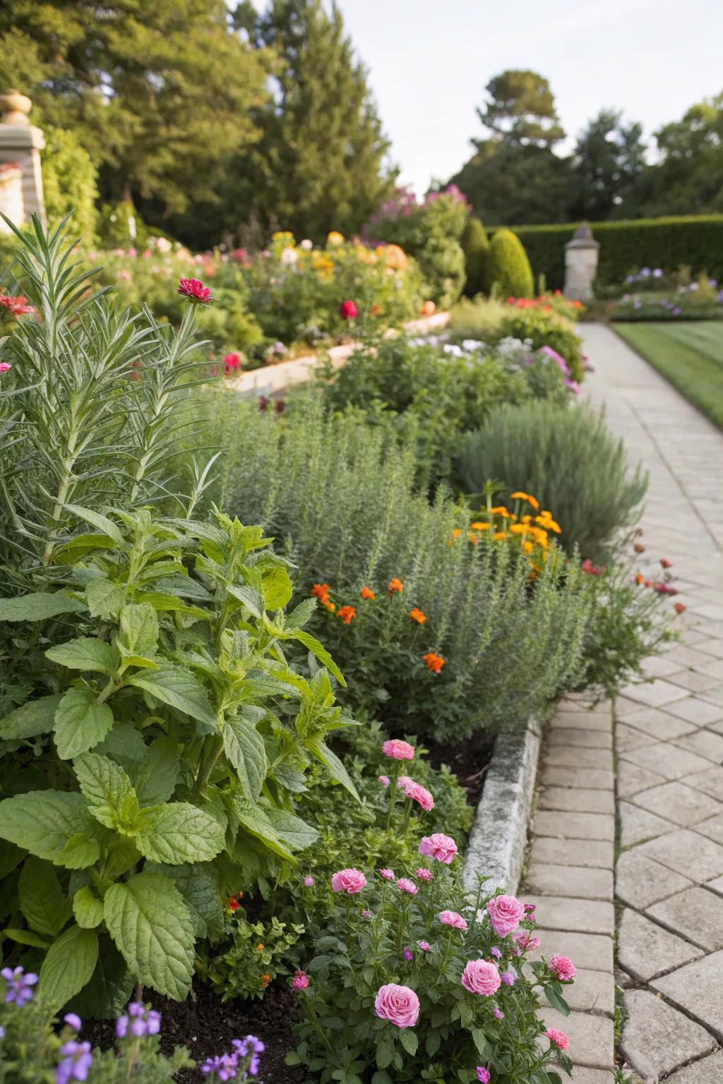 An attractive and functional floral perimeter showcasing consumable herbs like mint and rosemary.