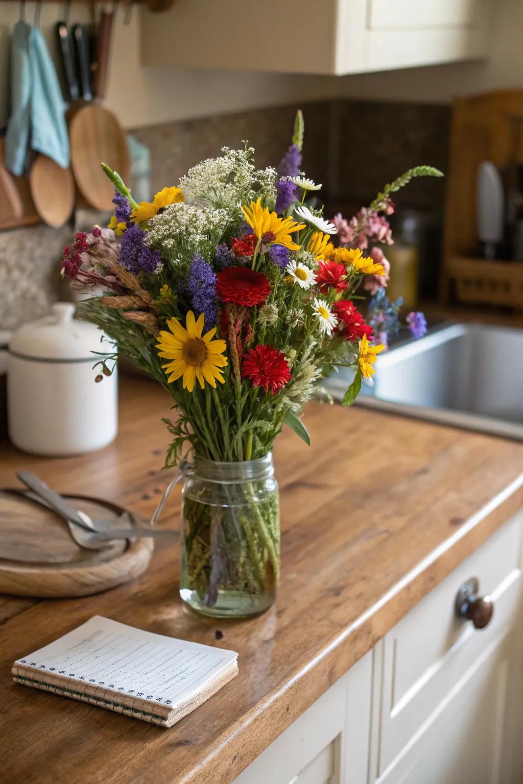 A rustic blossom arrangement enhancing the comfortable allure of a country-style cooking space.