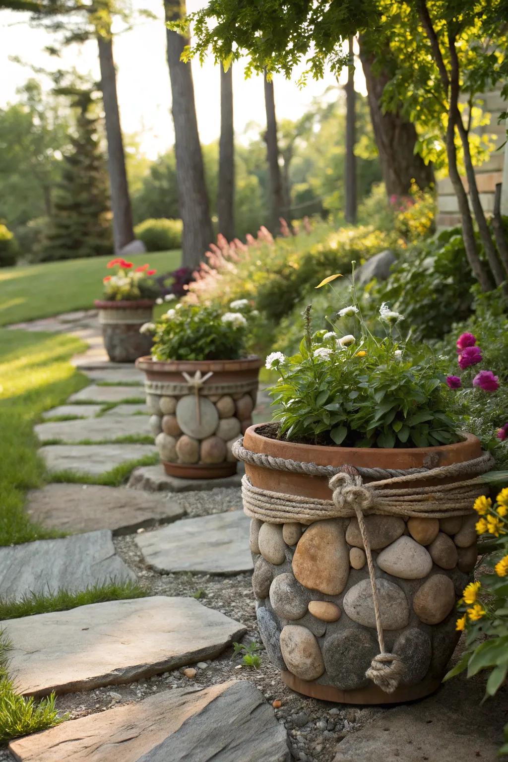 Incorporate raw additions for an earthy plant pot decoration.
