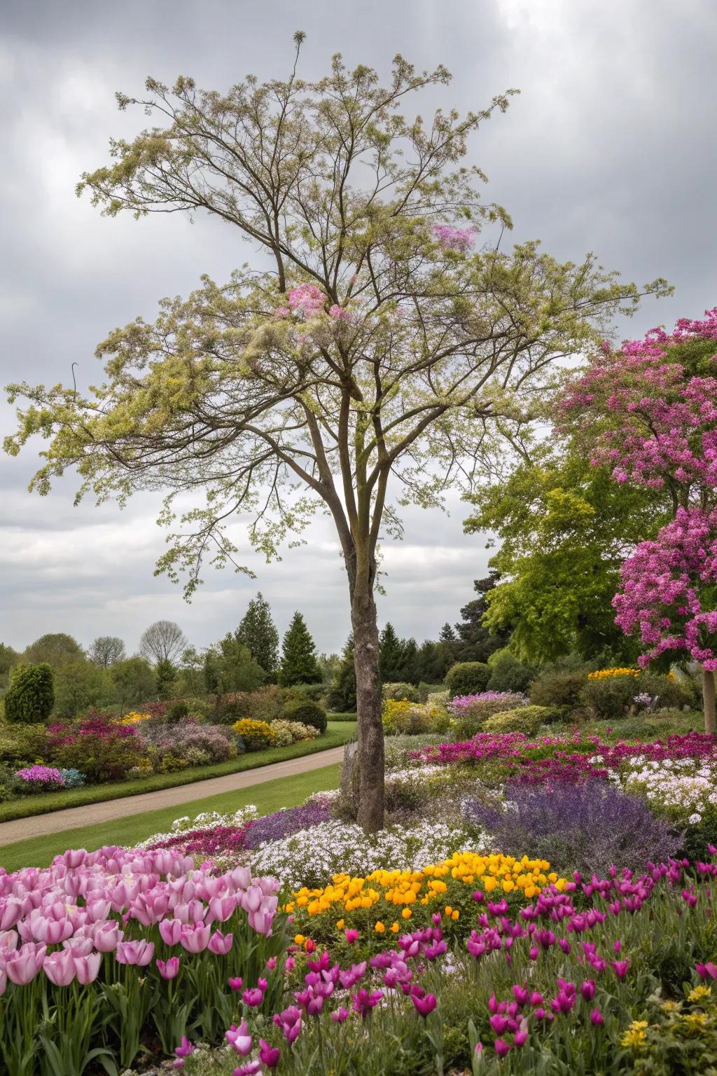 Dynamic opposing shades make this flower bed around the tree truly unforgettable.