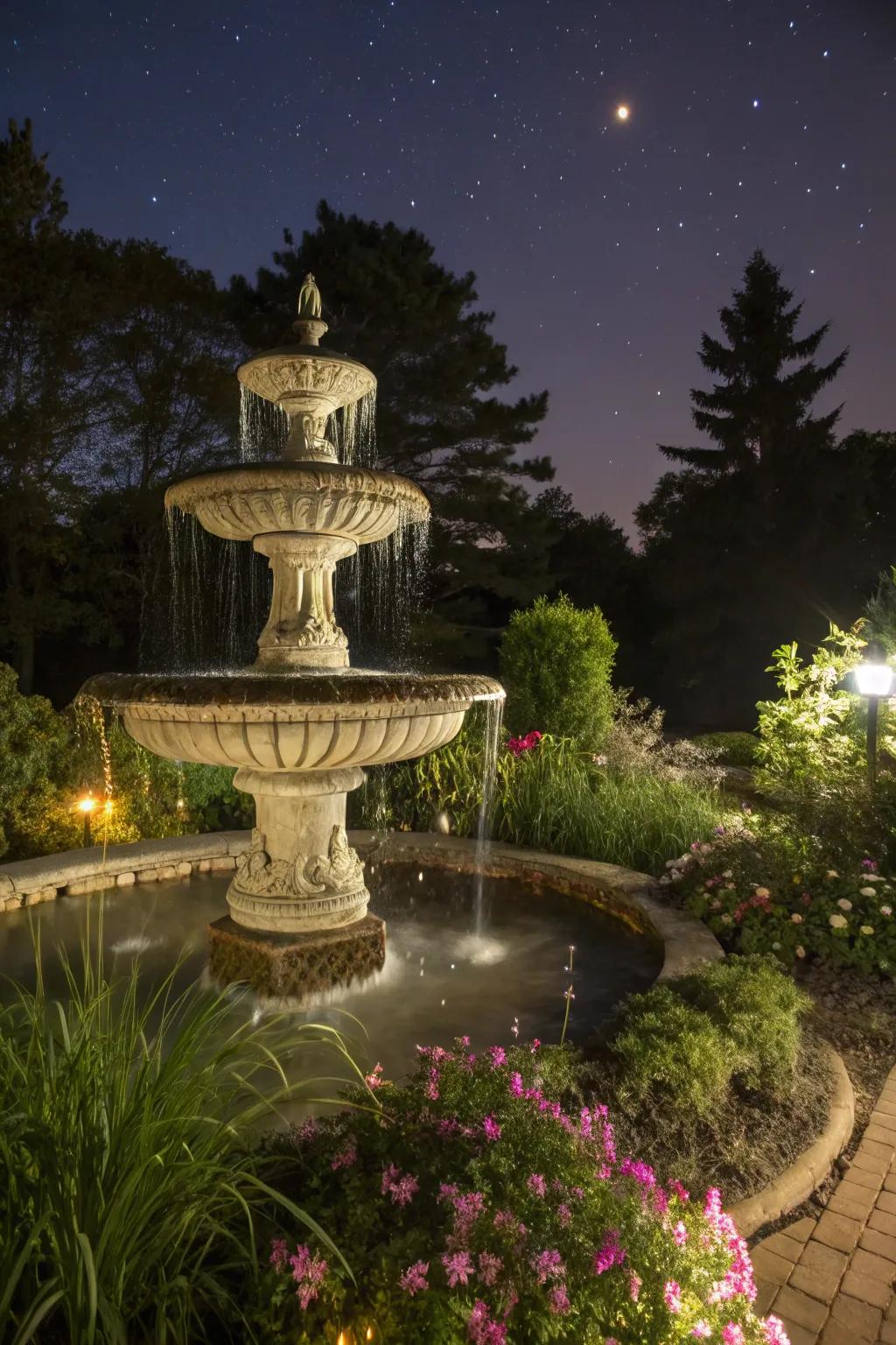 Bring your garden to life at night with a lit fountain.