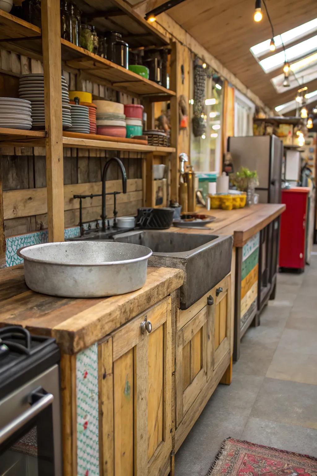 An diverse kitchen area displaying a mix of materials with a independent sink.