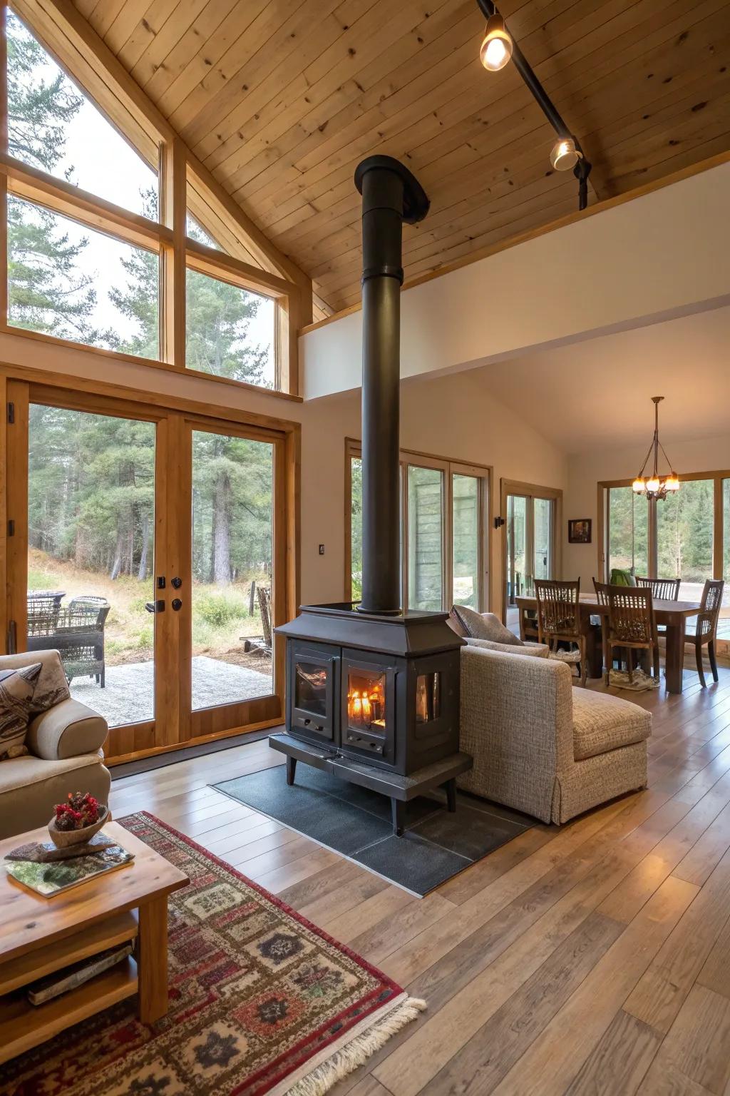 A two-sided fireplace elegantly heats two rooms at once.