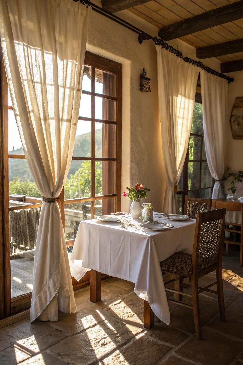 Linen curtains and a cotton tablecloth enhance the elegance of a dining setting.