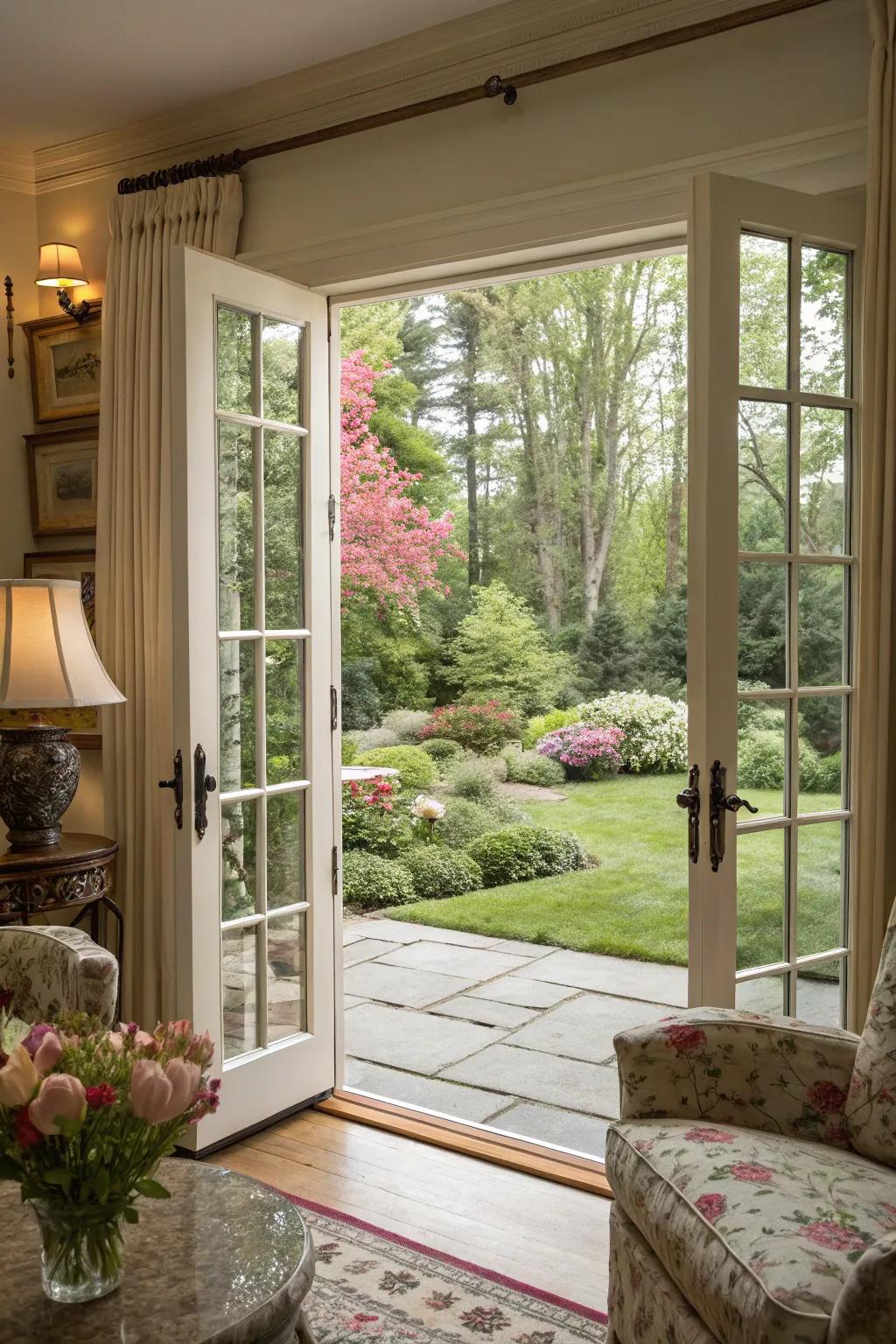 French doors showcasing beautiful garden views.