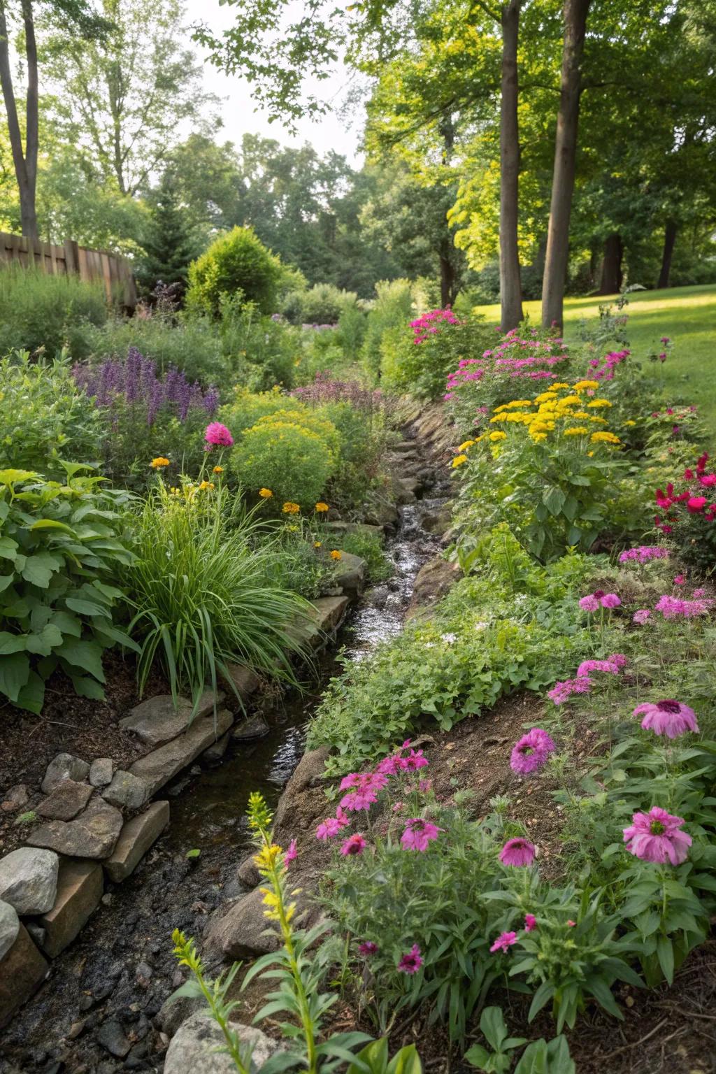 A vibrant water collection garden with a hidden French drain, enriching biodiversity.
