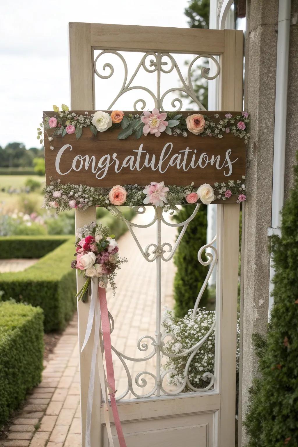 Ornamental signage furnishes a cozy and personal greeting at your wedding entrance.
