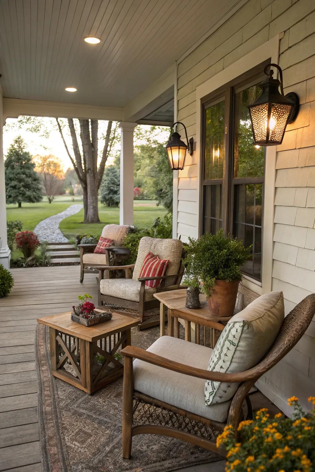 Inviting outdoor furniture that broadens the living space onto the porch.