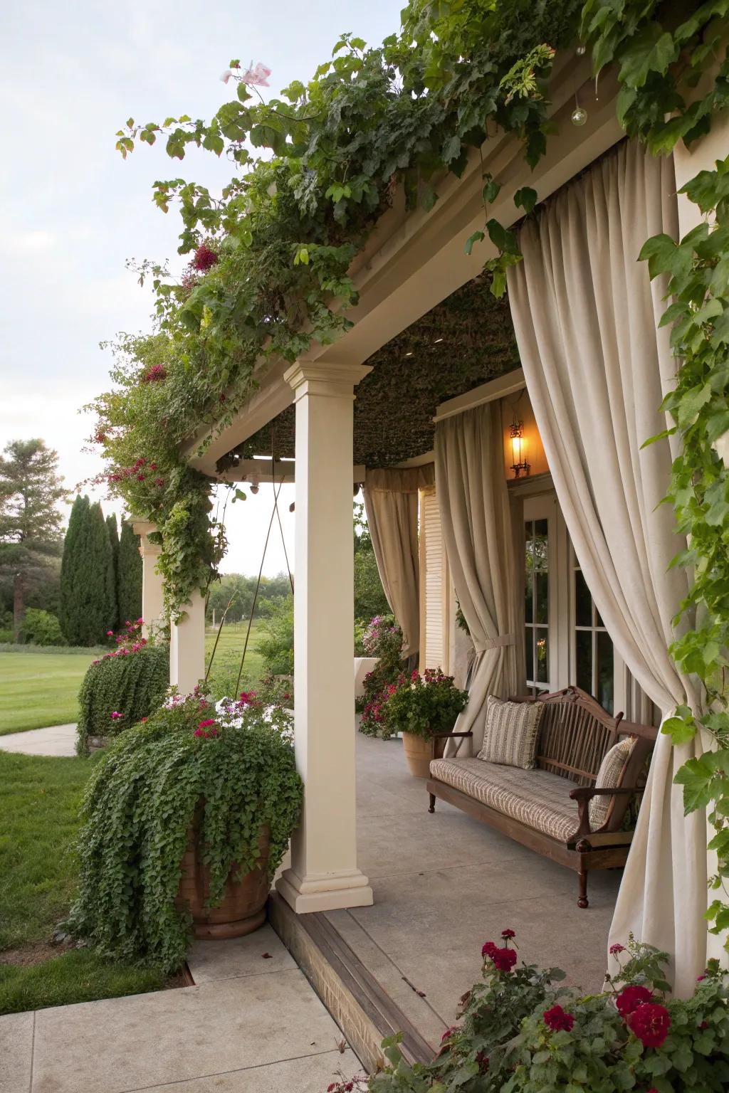 A covered walkway draped in verdure furnishes seclusion and allure to a front porch.