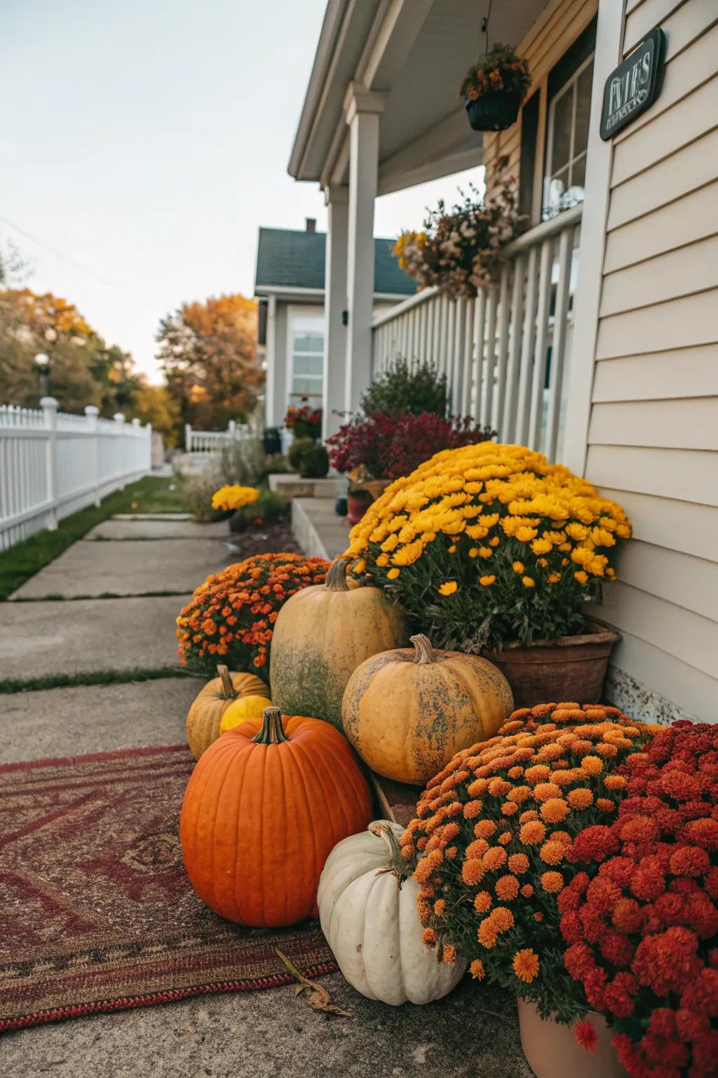 Squash and flora cultivate a kaleidoscopic, inviting porch spectacle.