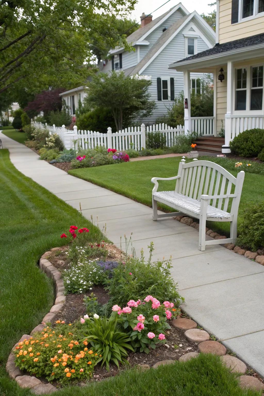 A cozy bench adds relaxation and charm to a front yard.