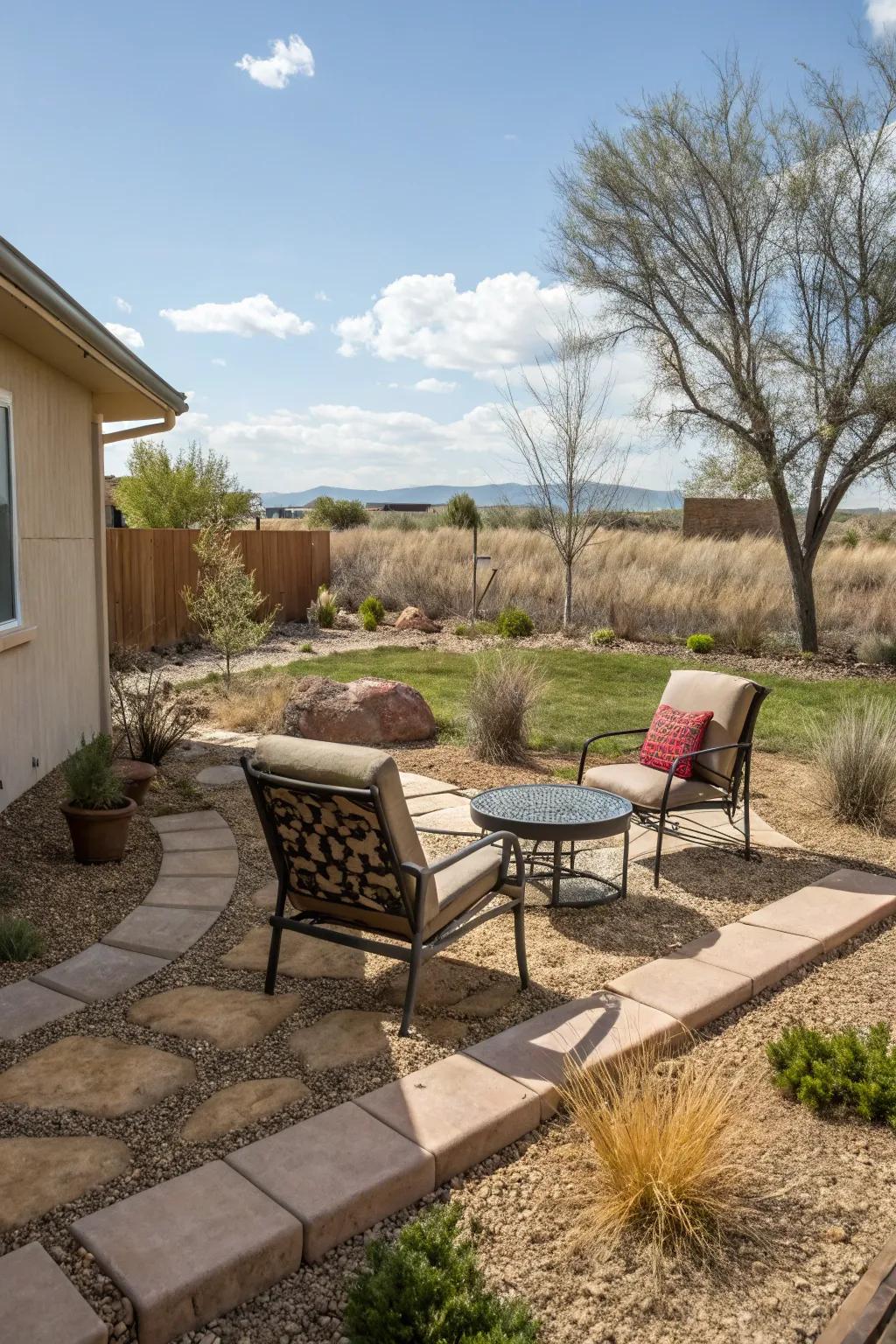 A welcoming outdoor seating area in a carefully designed xeriscape.