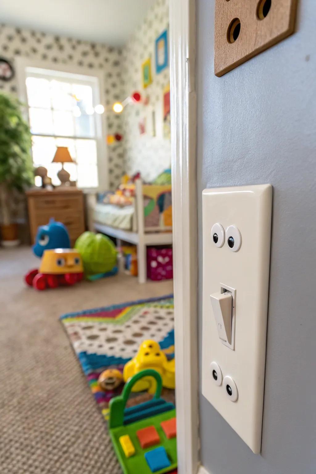 Moving eyes on a switch panel for a playful vibe.