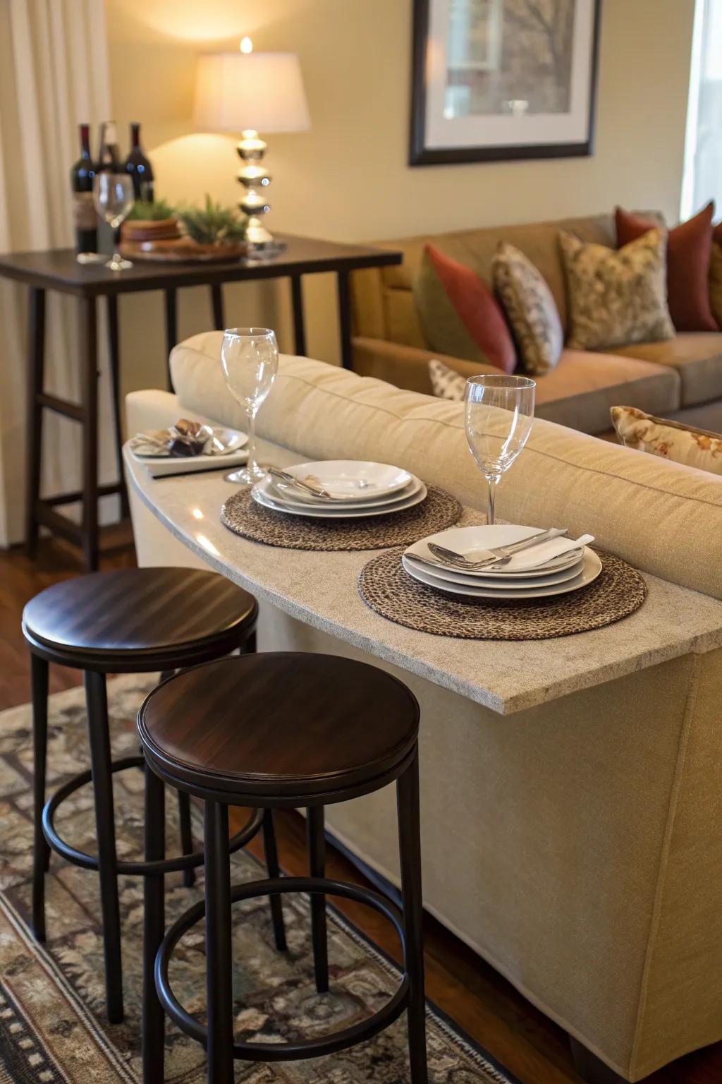 A breakfast counter behind the sofa, offering a relaxed dining experience.