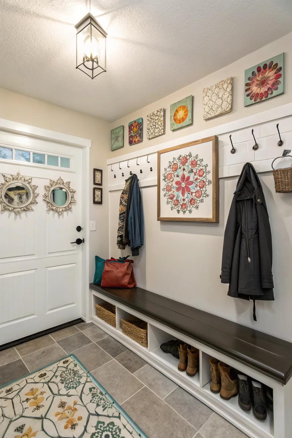 Infuse your mudroom with character through imaginative wall embellishments.