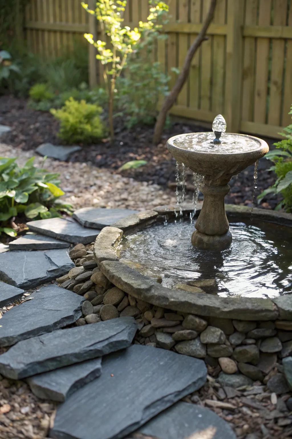 Raise your garden's ambiance with a tranquil aquatic element framed by stone fragments.