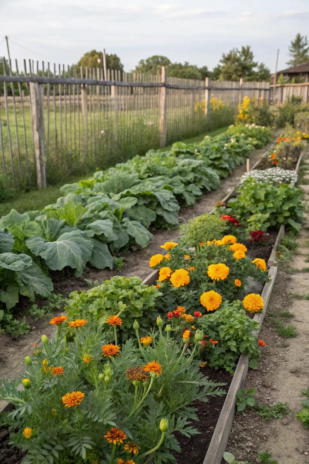 A garden area featuring vegetables and marigolds mixed together.