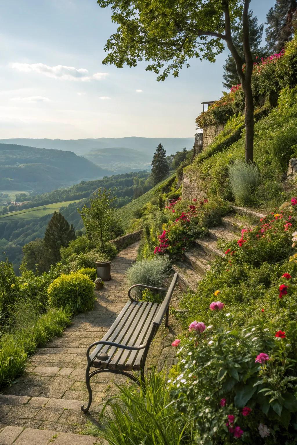 A relaxation zone extends a serene vantage point to relish a sloping garden.