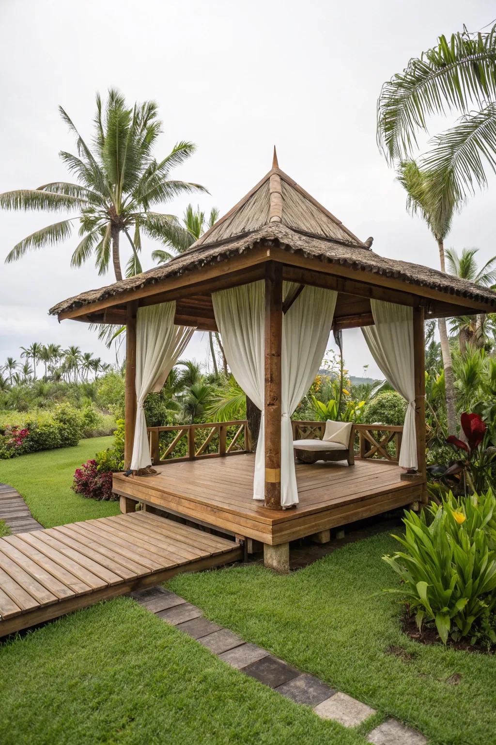 Cane flooring adds an exotic flair and eco-friendly charm to any gazebo.