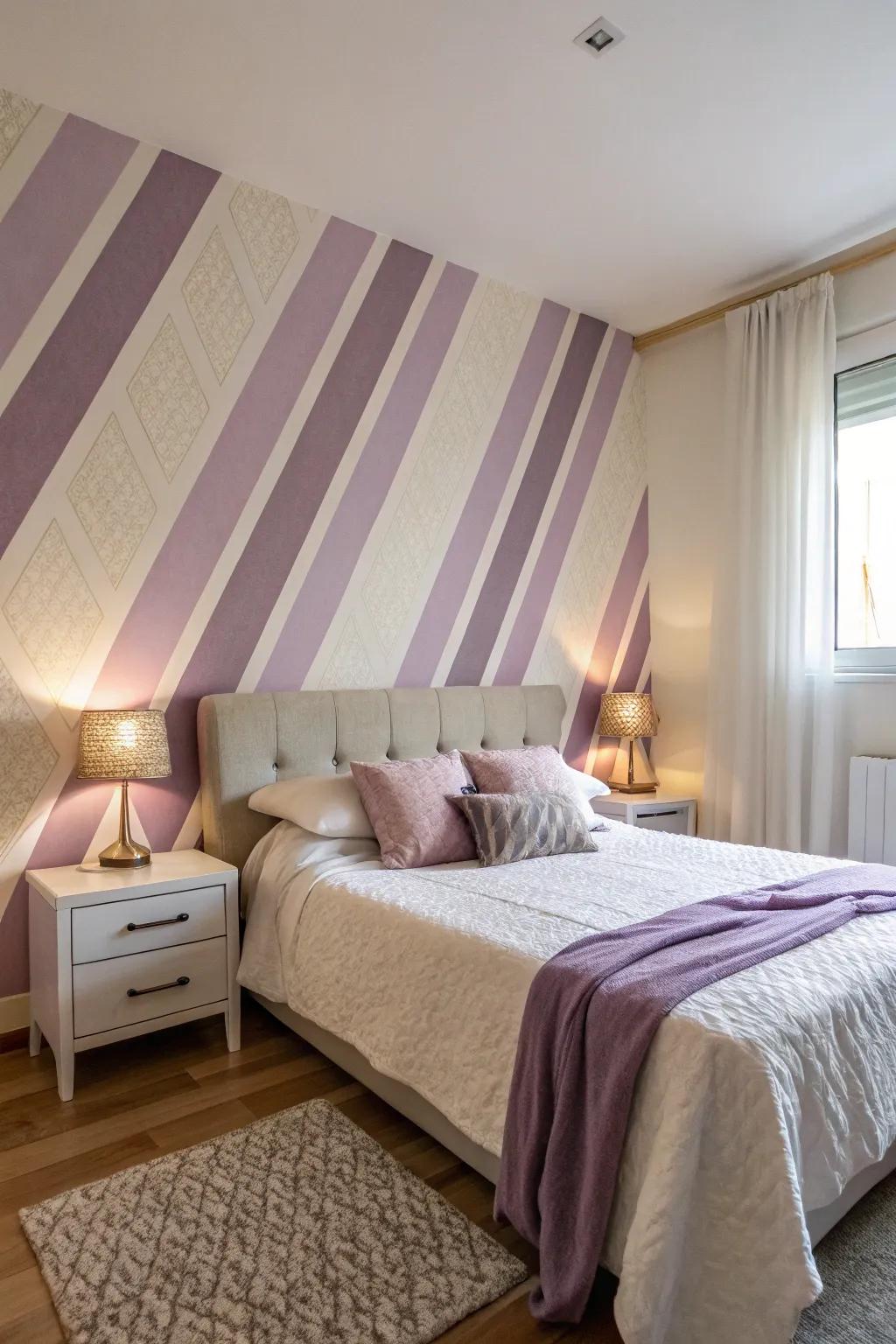 A bedroom showcasing elegant diagonal stripe geometric wall patterns.