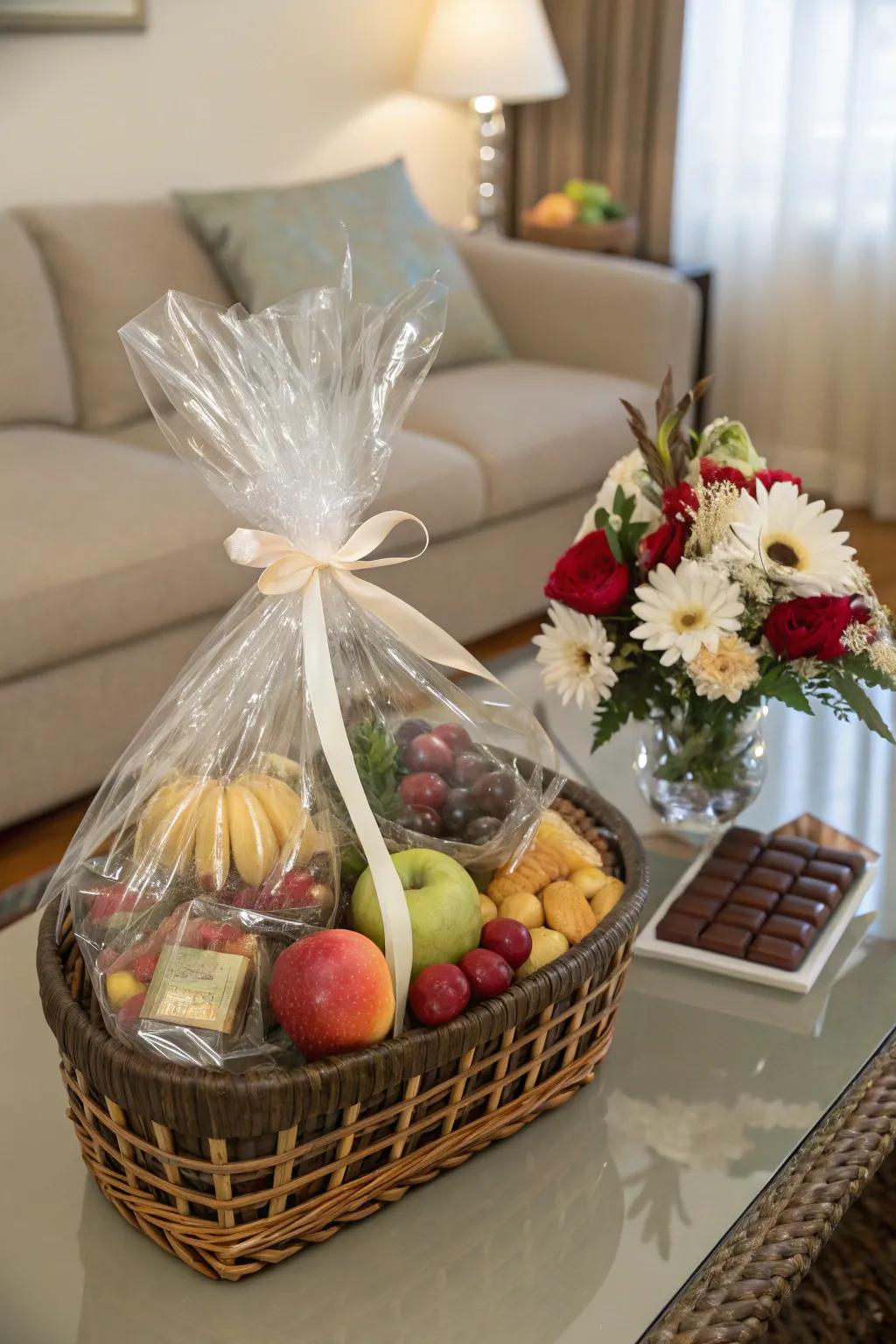 A gift basket enveloped in lucid cellophane for a sophisticated conclusion.