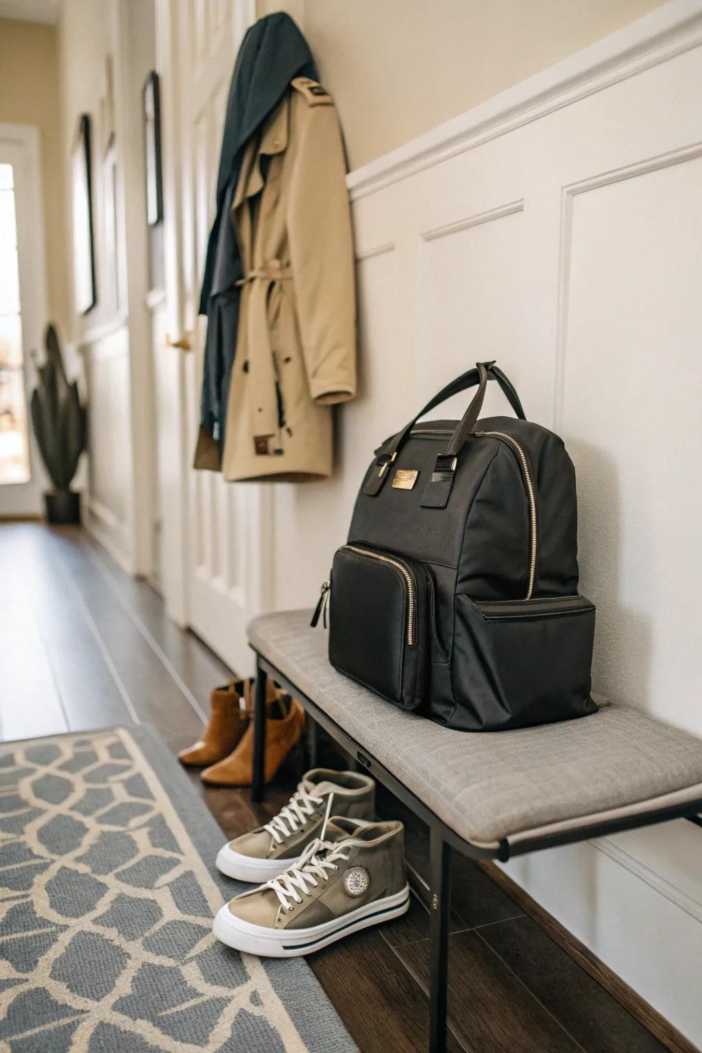 Merge style and practicality with a sleek diaper knapsack.