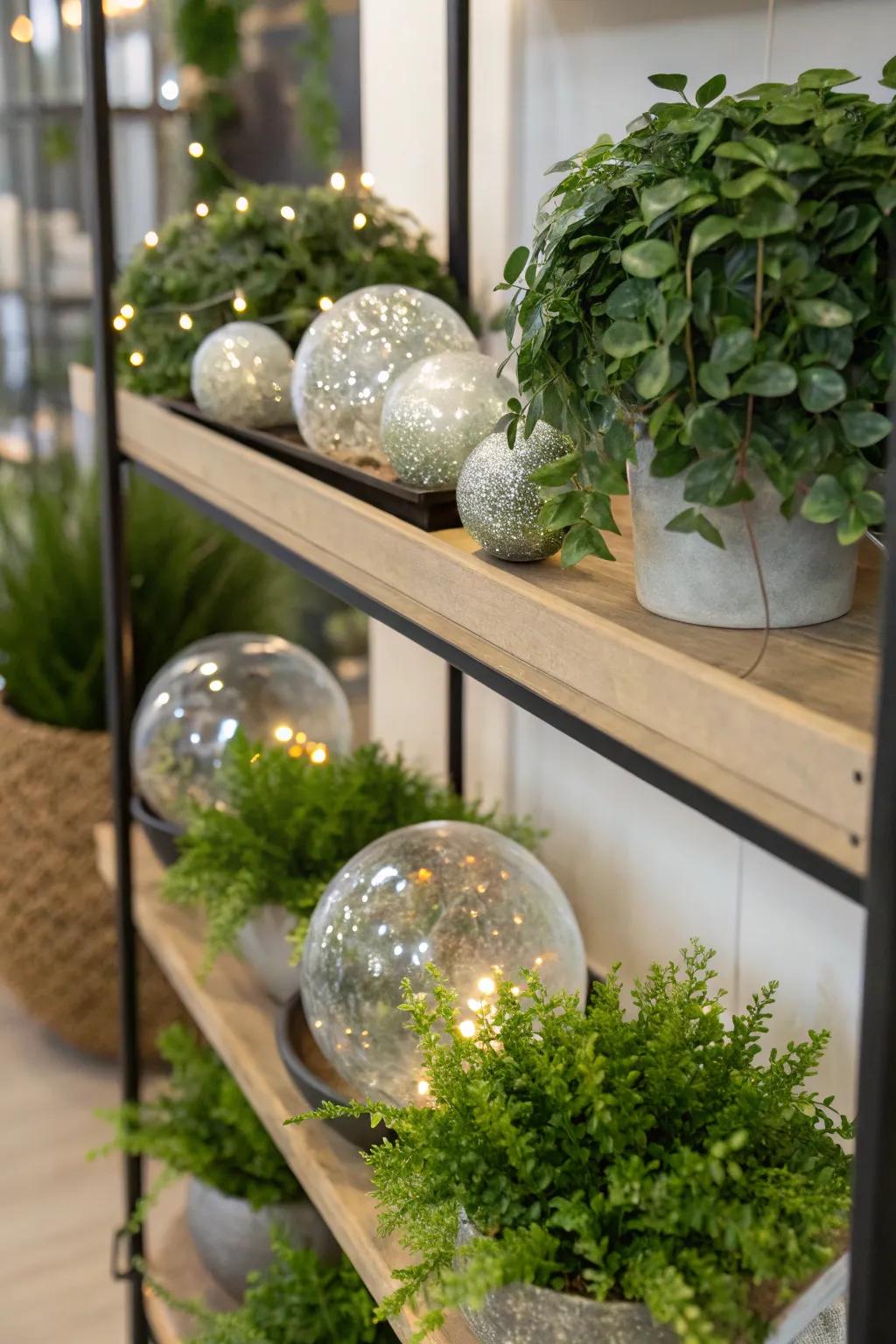 Merge the exterior with glass orbs and greenery.