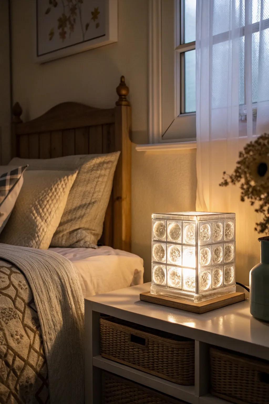 A bespoke clear cube night illumination that introduces warmth to a sleeping chamber.