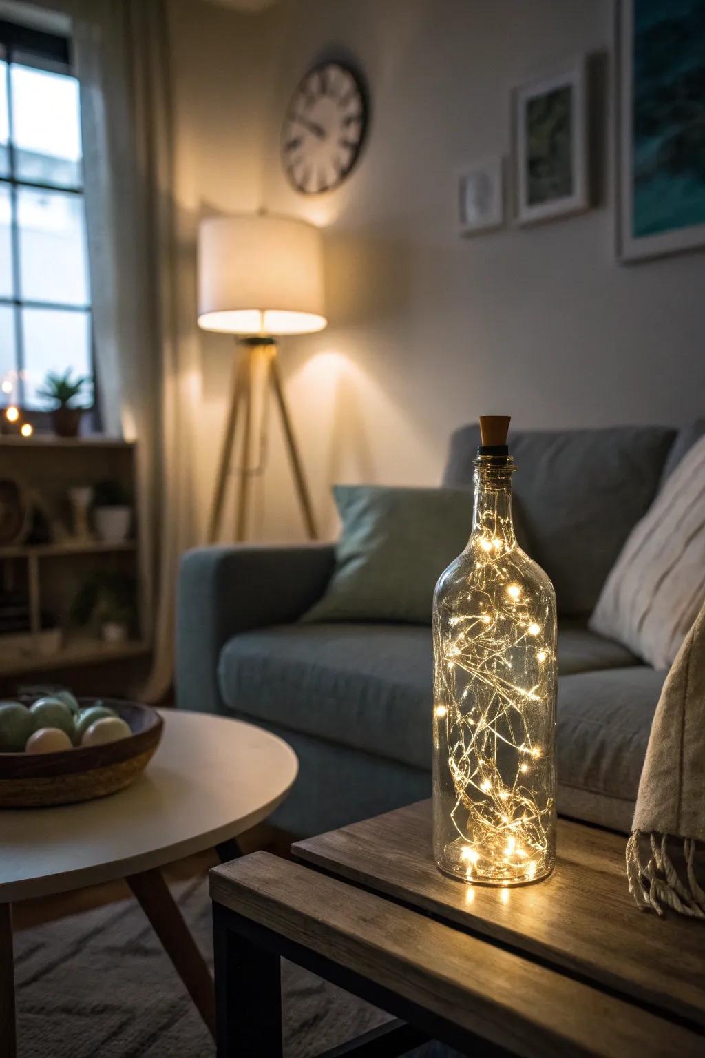 A radiant bottle lamp imparting warmth to the space.