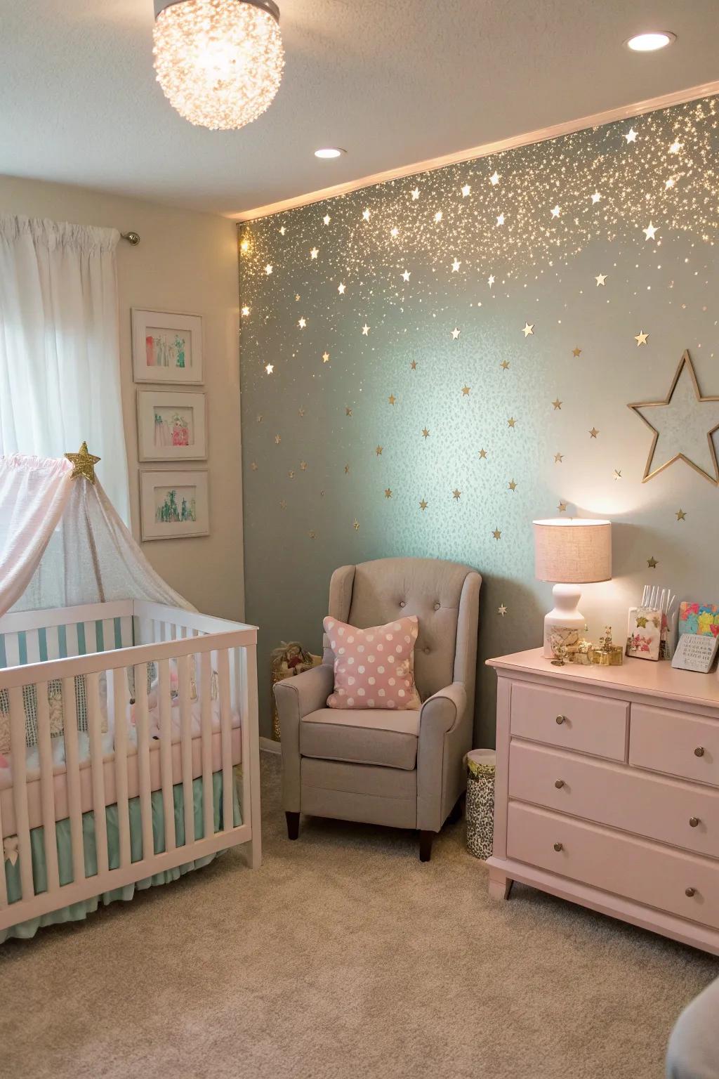 A <strong><em>glitter accent wall</em></strong> adds wonder to a nursery.” loading=”lazy” class=”pimg”>
	</picture><figcaption>A <strong><em>glitter accent wall</em></strong> adds wonder to a nursery.</figcaption></figure>
<p>Design a magical nursery using a <strong><em>glitter wall</em></strong> that fuels imagination. I remember assisting a couple in achieving this, and their baby adores the fairy-tale atmosphere.</p>
<h3>Maybe worth checking out:</h3>
<ul class=