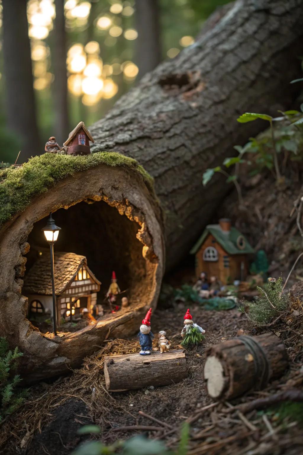A concealed gnome village nestled within a segment of timber.