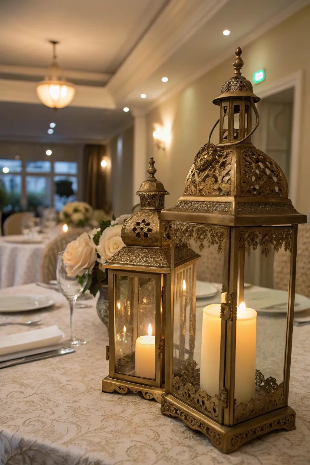 Ageless aged gilded lanterns for a cozy atmosphere.