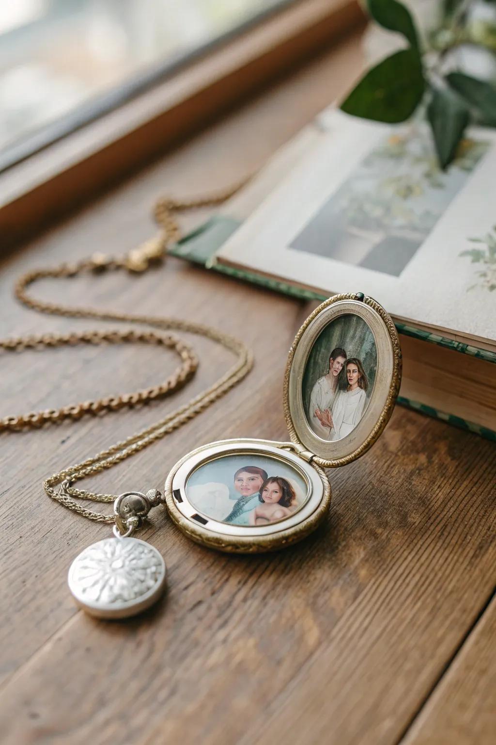 A keepsake necklace securing a cherished family image.
