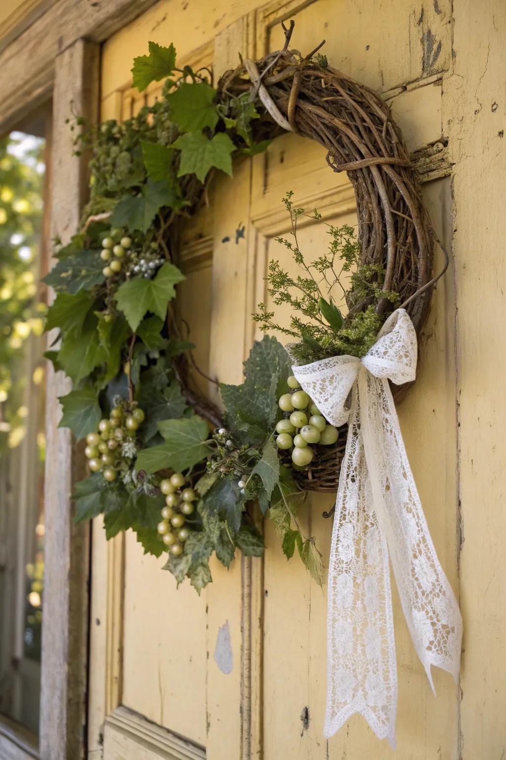 A vintage-inspired natural fiber wreath displaying needlework and baubles.