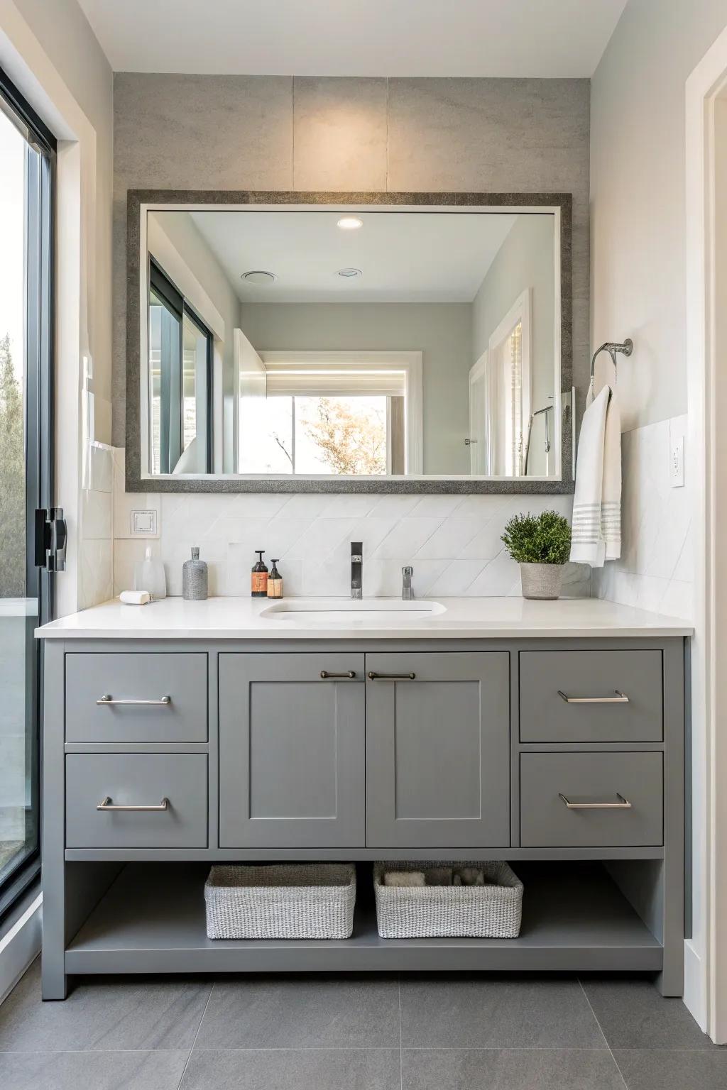 An expansive reflector enhances the perception of space in this bathroom.