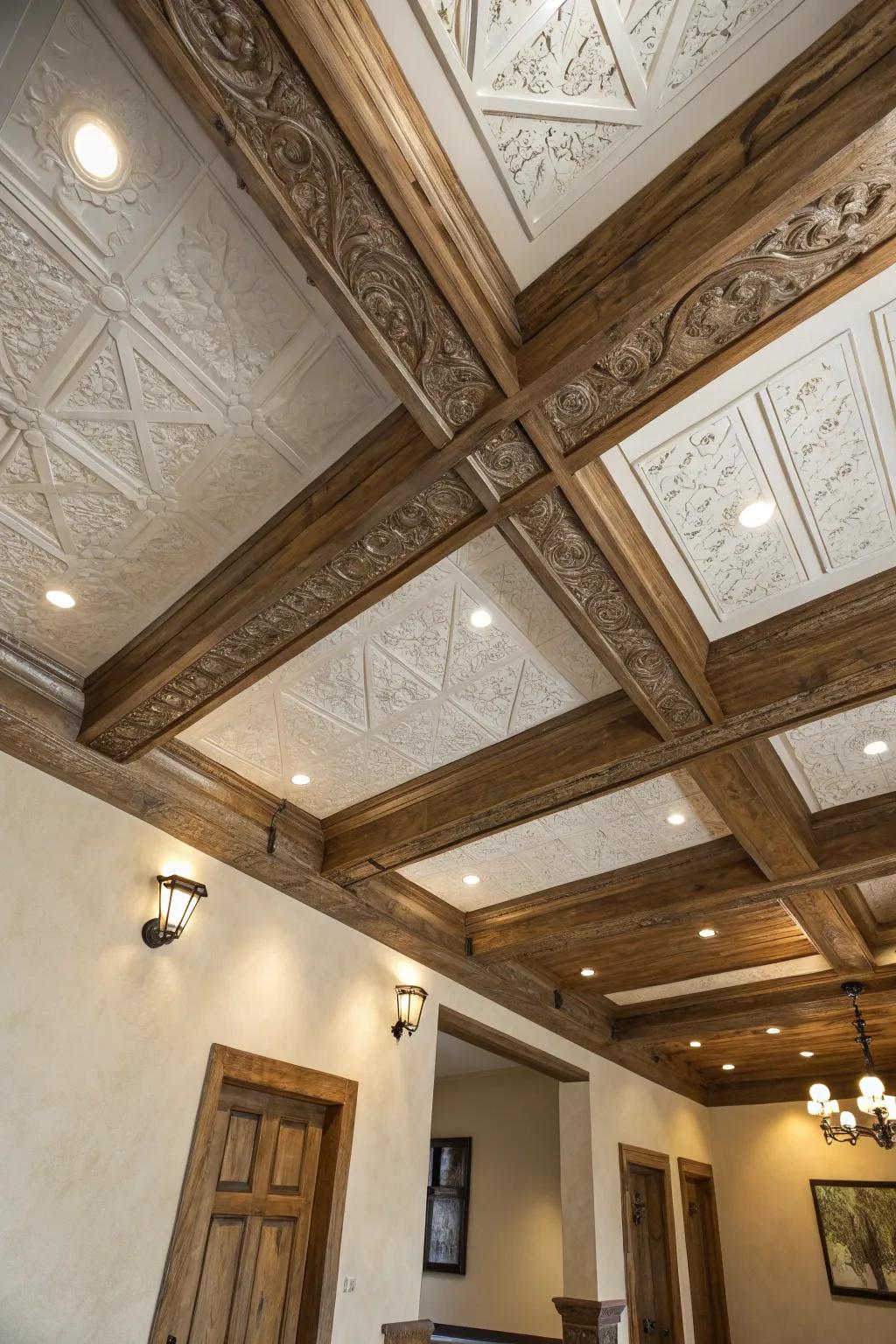 Incompatible textures contribute profundity and visual fascination to ceilings.