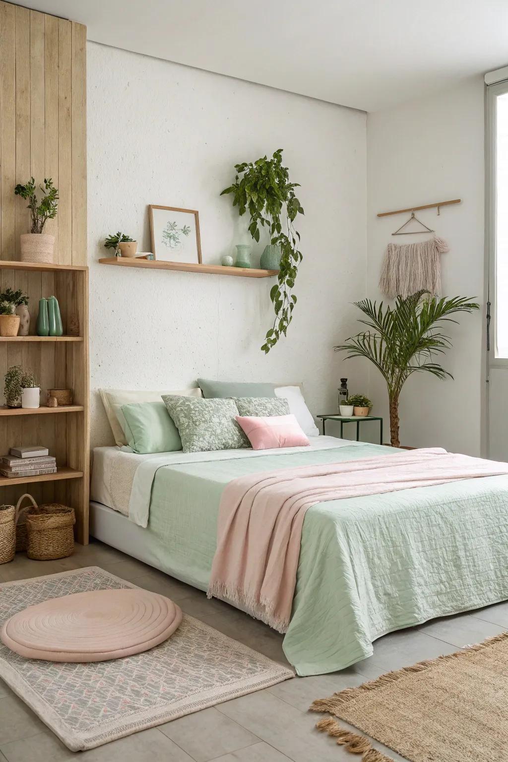 Understated design incorporating verdant and rosy accents is both refined and simple.