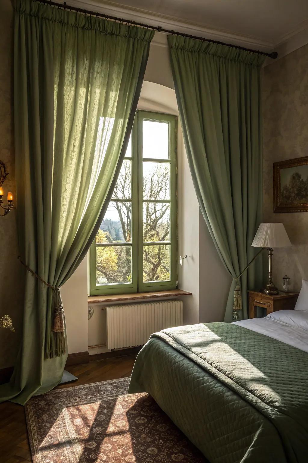 Green window dressings add style and a hint of nature to this inviting bedroom.