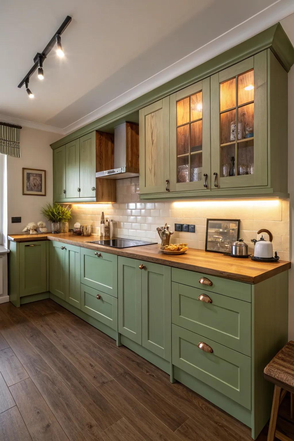 Fashionable culinary space featuring dual tone cabinets and soft lighting.