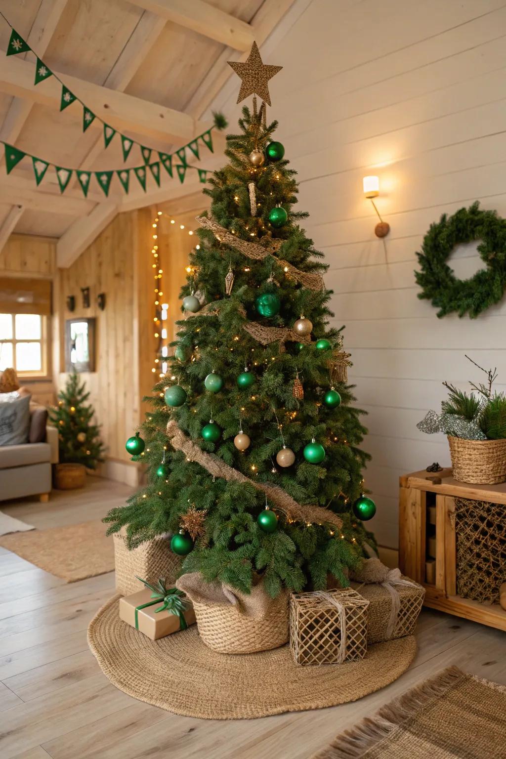 Eco-friendly green decorations with burlap and wood elements.