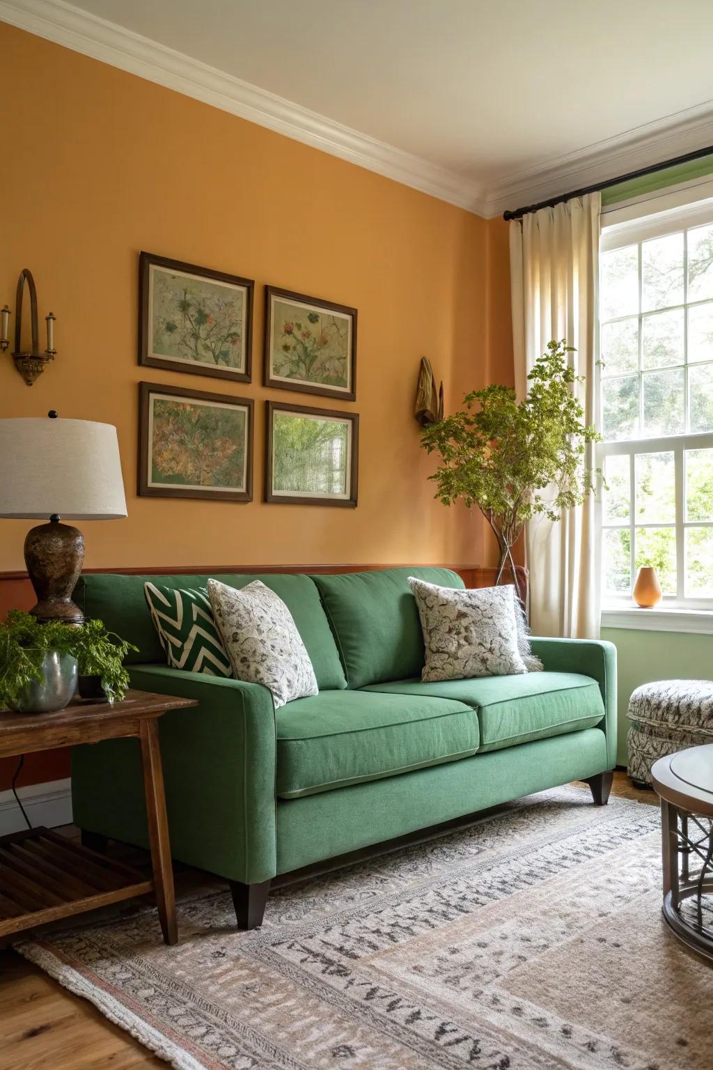A feature partition can exquisitely accentuate an emerald sofa, injecting dimension into the chamber.