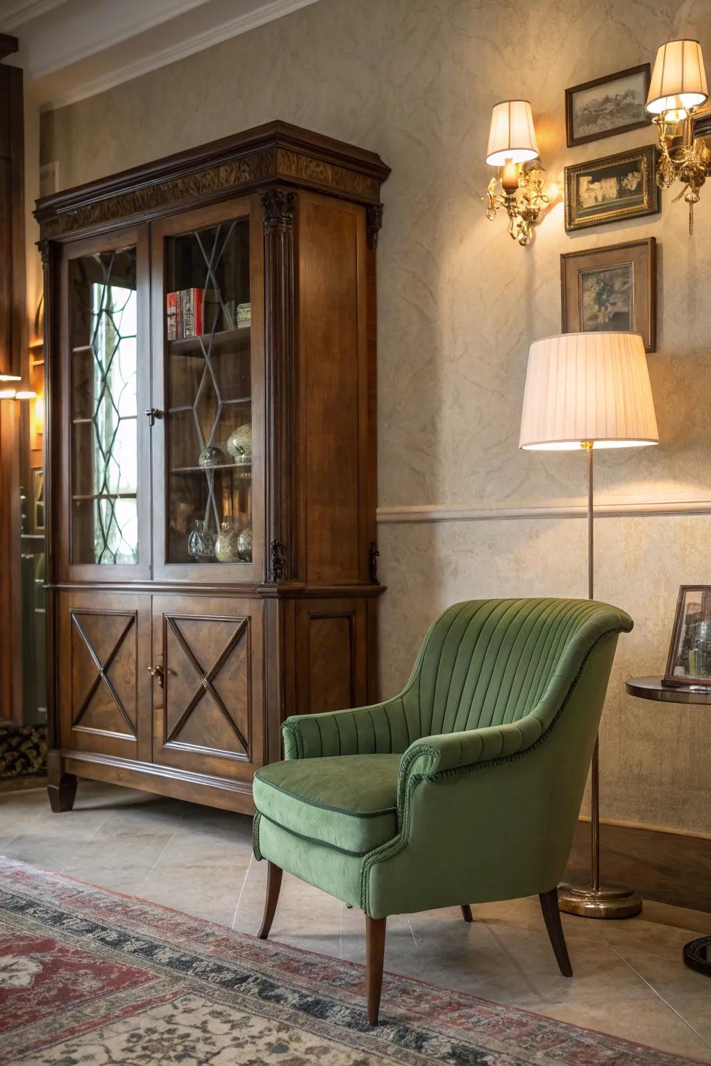 Vintage green furnishings contribute charm and nostalgia to any area.