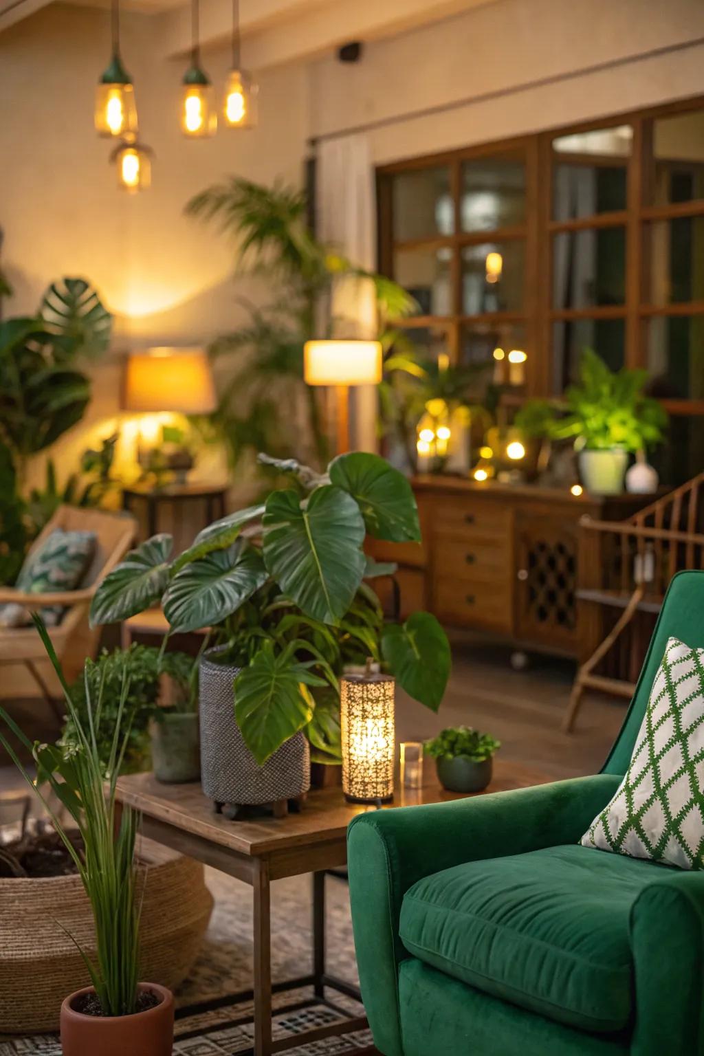 Warm lighting beautifully emphasizes the verdant decor.