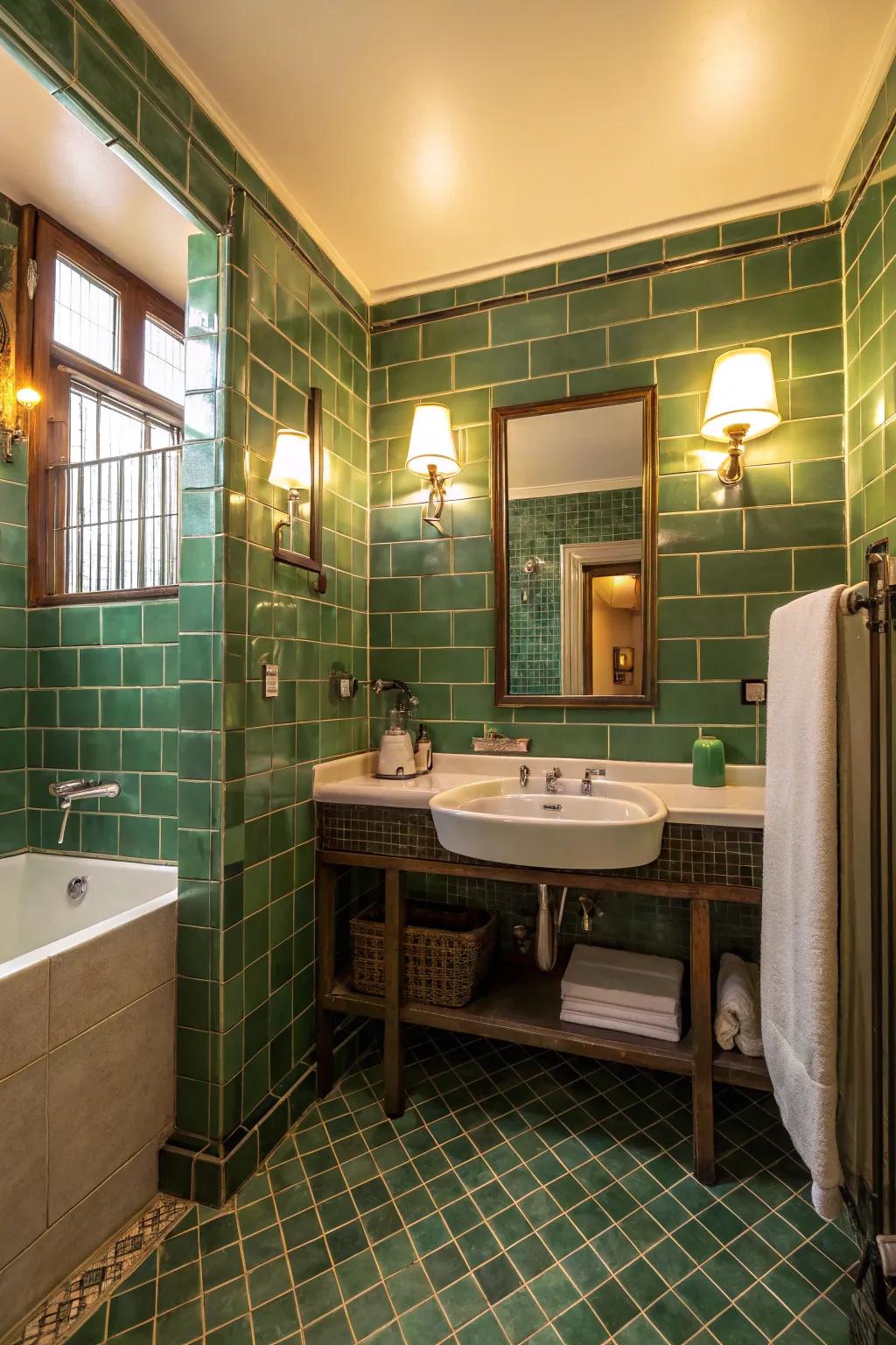 The inherent beauty of <strong><em>green</em></strong> tiles is enhanced by lighting.” loading=”lazy” class=”pimg”>
	</picture><figcaption>The inherent beauty of <strong><em>green</em></strong> tiles is enhanced by lighting.</figcaption></figure>
<p>Strategic lighting can enhance the beauty of <strong><em>green</em></strong> tiles by creating shadows and highlights that accentuate their color. To create a warm and welcoming ambiance, I frequently utilize warm lighting.</p>
<h3>Try these:</h3>
<ul class=