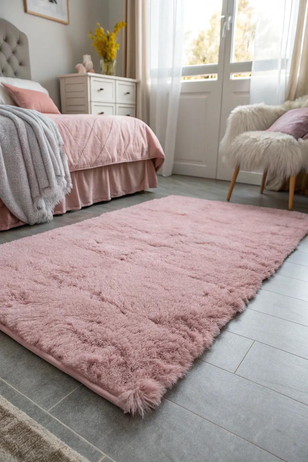 A plush pink rug adds warmth and ties the room together.