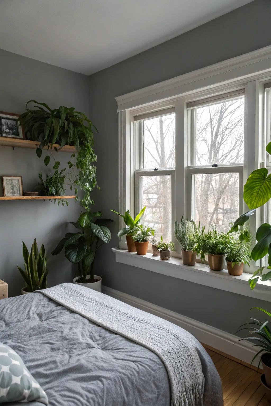 Indoor foliage livens up a grey bedroom.