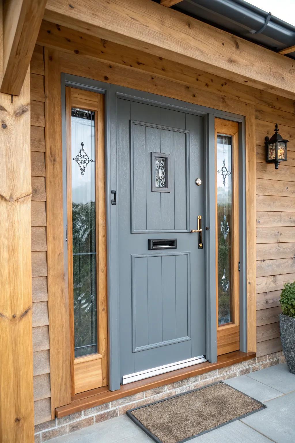 Neutral grey paired with warm tones results in a cozy entryway.